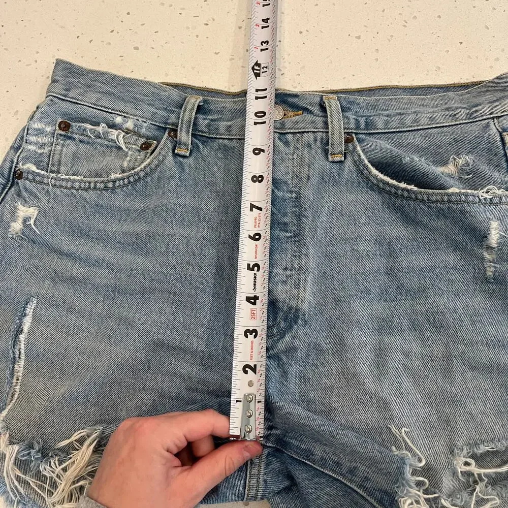 Agolde Parker Long Light Blue Distressed Denim Shorts in Swapmeet 27